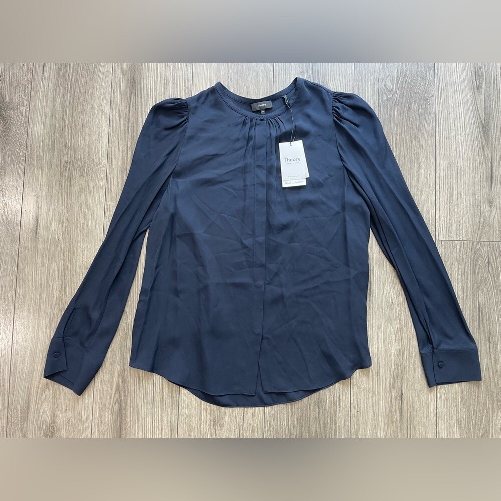 Theory Blouse Classic Button‎ Down Ruched Silk Shirt in Navy Ink NWT Sz XXL